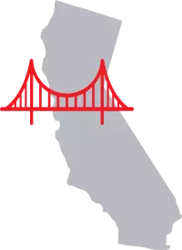 Outlined state of California with Golden Gate Bridge emerging from center of state