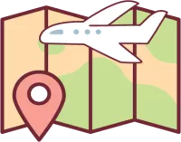 Against a flat map of the world, an outline of a plane traveling across