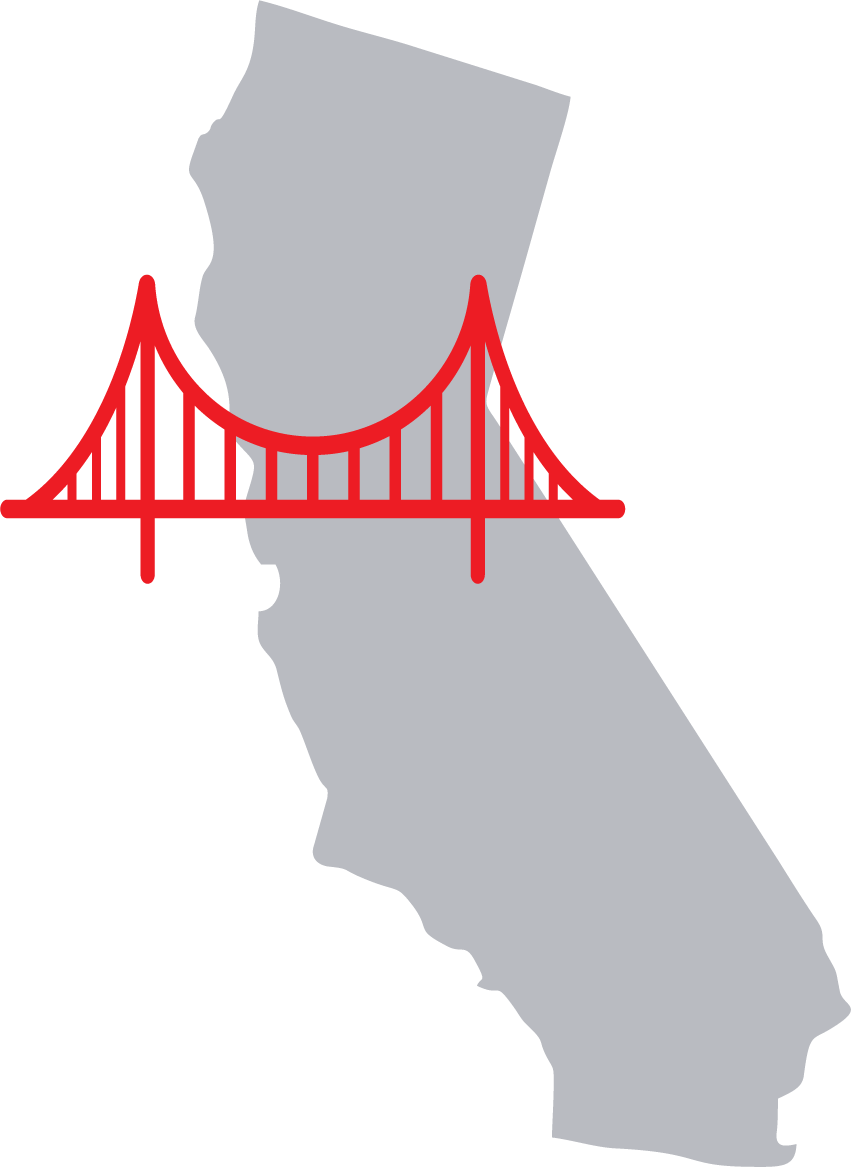 Outlined state of California with Golden Gate Bridge emerging from center of state