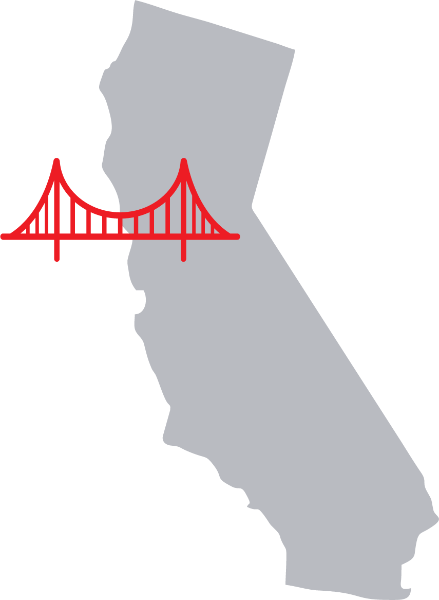 Outlined state of California with Golden Gate Bridge emerging from center of state